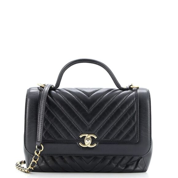 Chanel Top Handle Flap Bag Chevron Calfskin Small Black - Picture 1 of 8